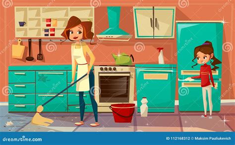 Vector Cartoon Mother Daughter Cleaning Together Stock Vector