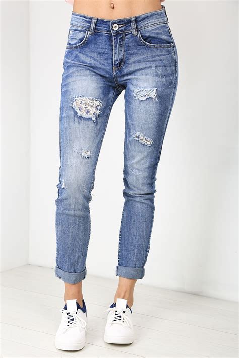 Womens Ladies Distressed Destroyed Rip Embroidery Stretch Skinny Fit