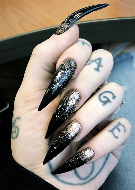 Long Black Stiletto Nails With Rose Gold Glitter Stilleto Nails