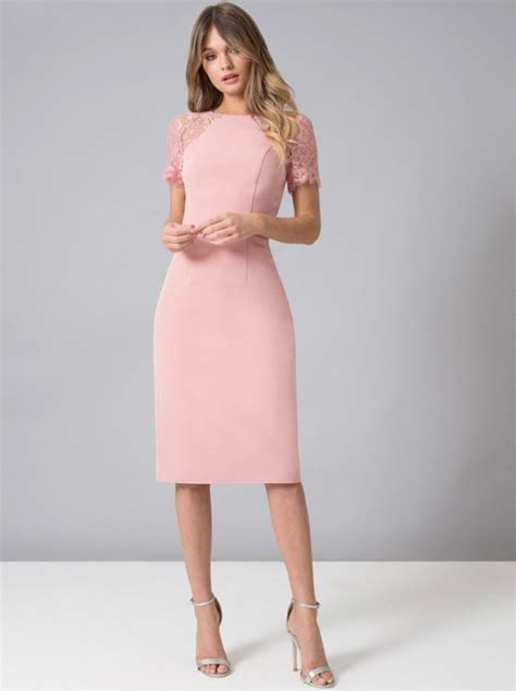 Sheer Lace Detail Bodycon Midi Dress In Pink Midi Dress Bodycon