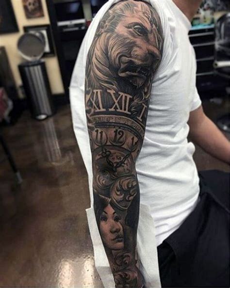 This vibrant back shoulder piece. Male Full Sleeves Black And Grey Lion And Clock Tattoo ...