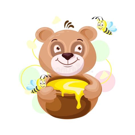 Cute Teddy Bear With Honey Pot In Cartoon Style Stock Vector