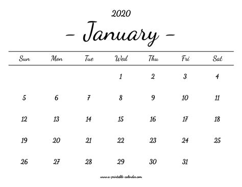 January Calendar 2020 Printable A Printable Calendar