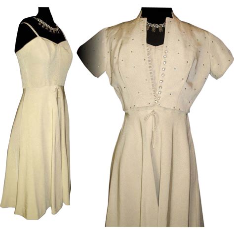Vintage 1950s Dress Matching Bolero Jacket Vintage Crème From