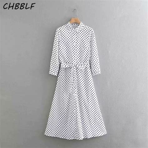 CHBBLF Women Elegant Polka Dot Print Shirt Dress Sashes Buttons Three