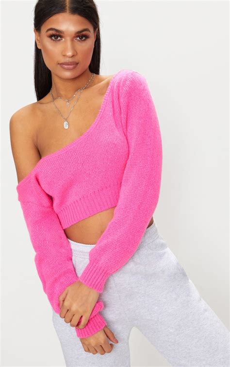 Bright Pink V Neck Off Shoulder Knitted Cropped Sweater