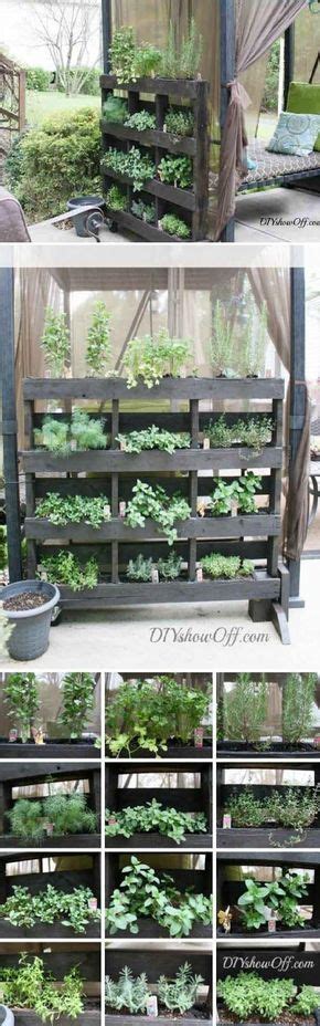 Vegetables that can be staked or trellised to grow vertically are great space savers in pallet gardens. DIY Show Off | Herb garden pallet, Pallets garden, Balcony ...