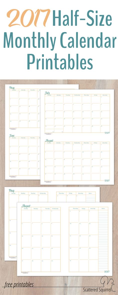 size monthly calendar printables