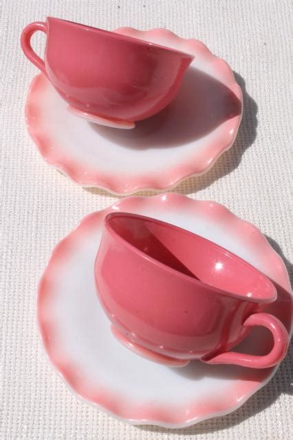 Vintage Hazel Atlas Crinoline Pink Ruffle Ripple Milk Glass Cups Saucers