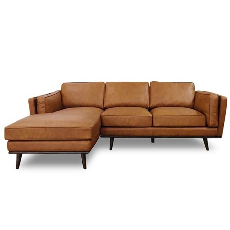 Mid Century Modern Brooklyn Tan Genuine Leather Sectional Sofa Left