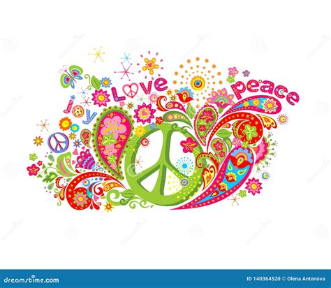 Psychedelic Colorful Print With Hippie Peace Symbol Flower Power Love