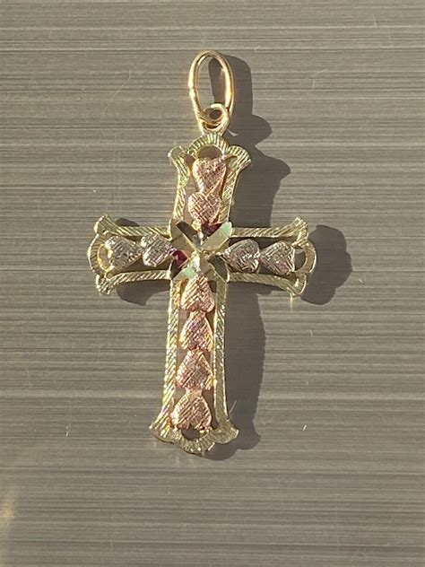 K Solid Gold Tricolor Cross Pendant Tested Gem