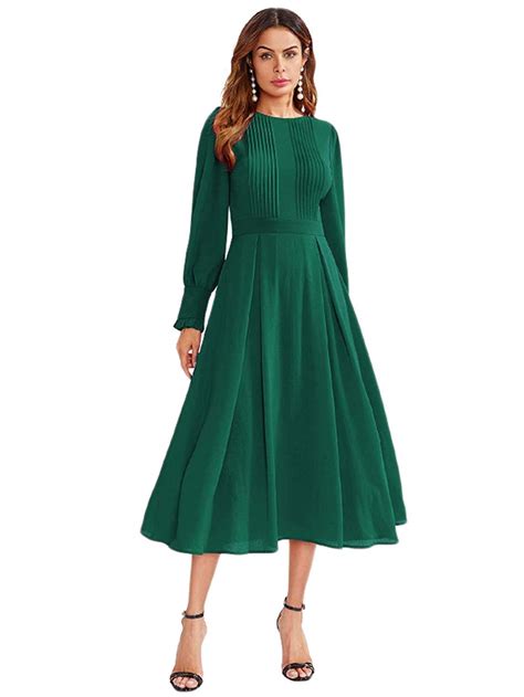 Milumia Womens Elegant Frilled Long Sleeve Pleated Fit And Flare Dress