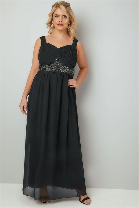 Black Chiffon Maxi Dress With Embellished Waist Plus Size 16 To 32