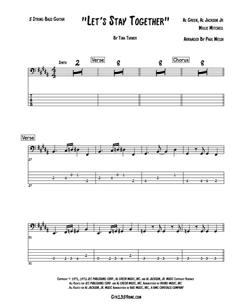 Let S Stay Together Arr P Welsh Sheet Music Al Green Bass Guitar Tab
