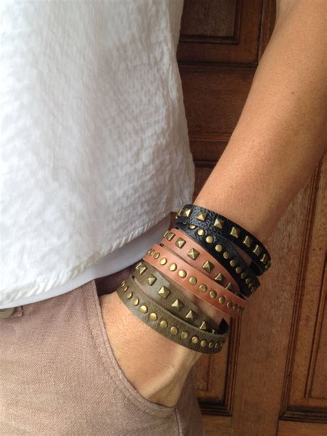 Double Wrap Leather Bracelet With Brass Pyramids And Studs Etsy Diy