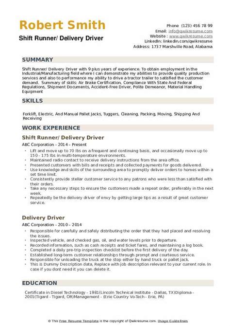 Delivery Driver Resume Samples Qwikresume