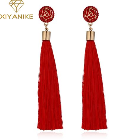 xiyanike bohemian crystal tassel earrings black white blue red pink silk fabric long drop dangle