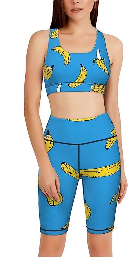 Carwayii Bananas In Blue Repeat Yoga Outfit 2 Piece Workout Set High Waist Short Legging And Sport