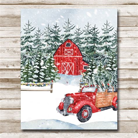 Christmas Tree Farm Printable Red Barn Retro Winter Print 5x7 Etsy