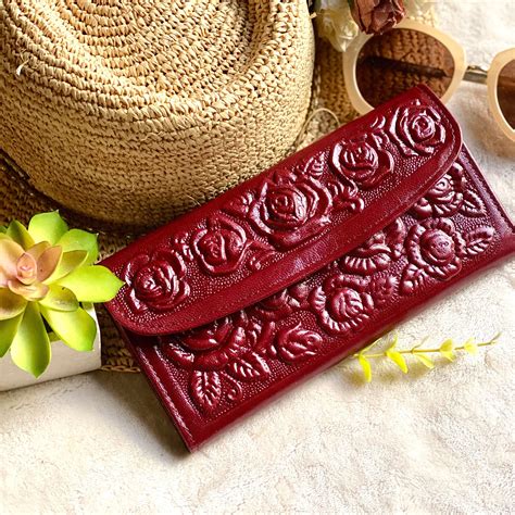 Burgundy Tooled Roses Wallet For Woman Woman Wallet Leather
