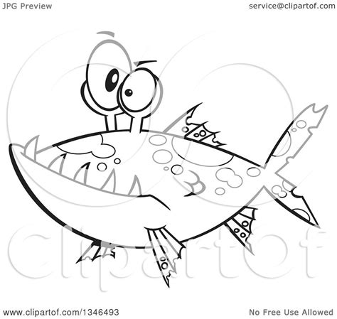 Lineart Clipart Of A Cartoon Black And White Monster Fish Royalty