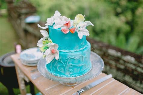 Wedding Turquoise Cake With Sugar Flowers And Drinks With Ts