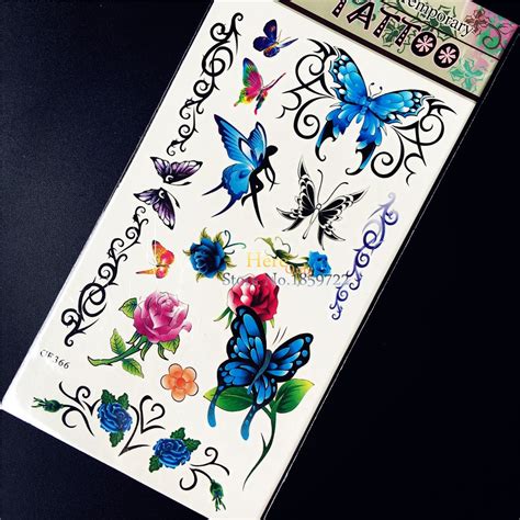 blue butterfly fairy rose temporary tattoo stickers women henna arm shoulder decals waterproof