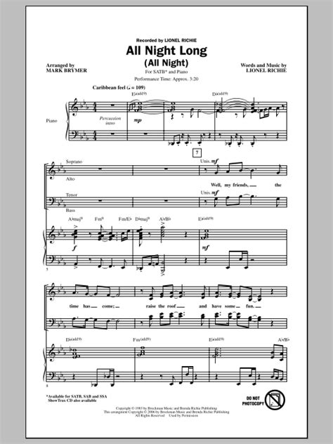 All Night Long All Night Arr Mark Brymer Sheet Music Lionel Richie Satb Choir