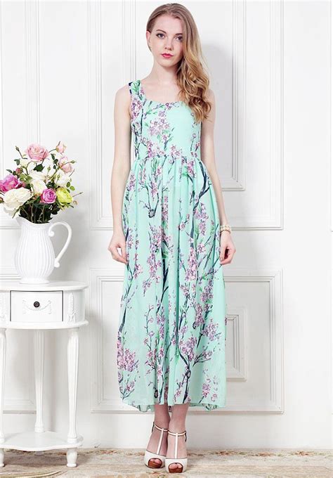 Green Sleeveless Floral Chiffon Full Length Dress Gbp£1781 Mint Dress