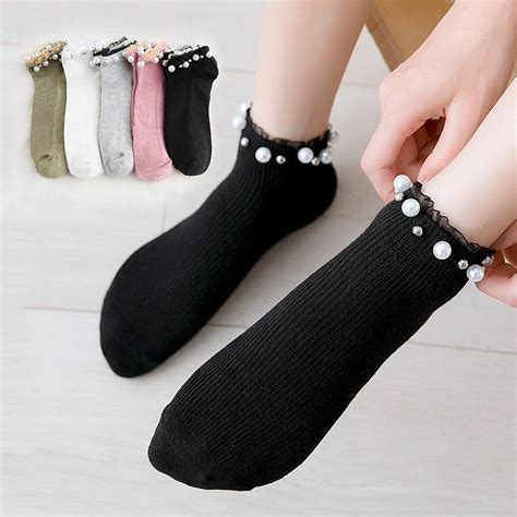 Women Fashion Socks Autumn New Lace Pearl Solid Color Breathable
