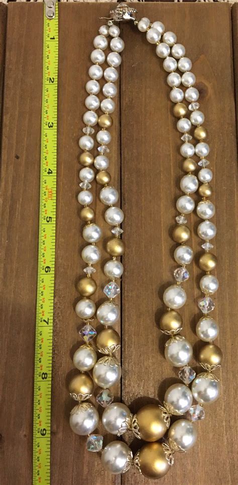 Two Strand Faux Pearl And Crystal Necklace Gold Tone Spacers Etsy