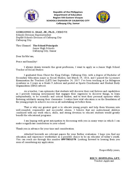 Sample Application Letter For Deped Pdf Teachers Schools