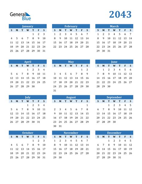 2043 Calendar Pdf Word Excel