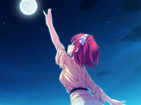 Red Haired Female Anime Reaching Moon Poster Hd Wallpaper