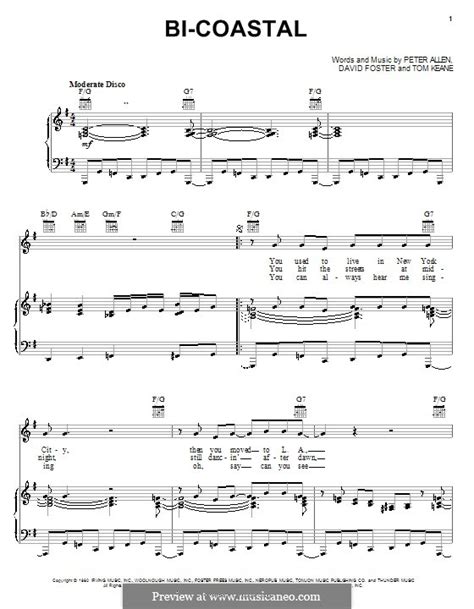Bi Coastal Peter Allen By D Foster T Keane Sheet Music On Musicaneo