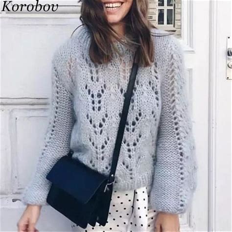 Korobov European New O Neck Sweaters Vintage Hollow Out Female Sweaters
