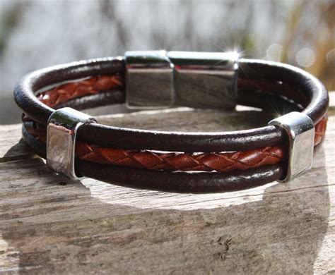 Brown Braided Leather Bracelet With A Sliding Magnetic Clasp Braided