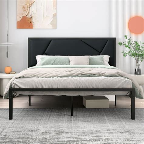 Amolife Queen Size Metal Bed Frame With Litchi Grain Leather Geometric Upholstered Headboard