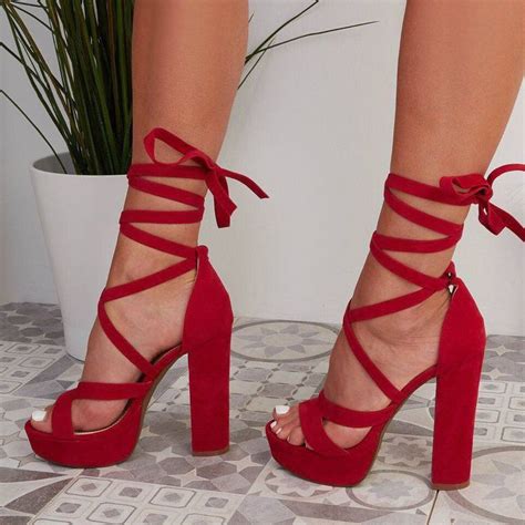 Red Lace Up Block High Heels Heels Cute Shoes Heels Shoes Heels Classy