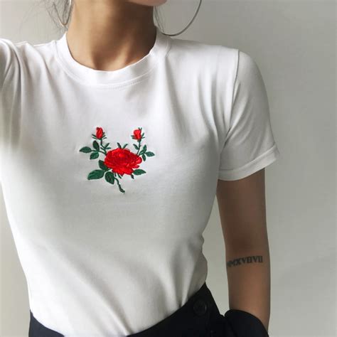 Women Embroidered Floral Tee Short Sleeve T Shirt In T Shirts From