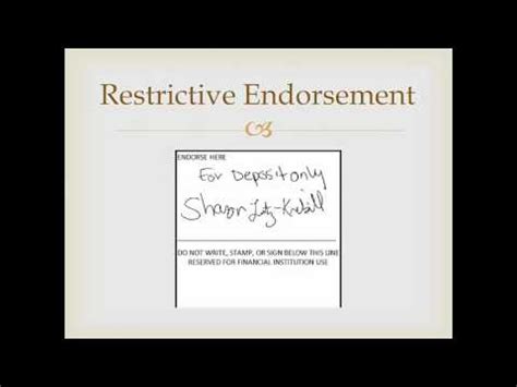 Normally, check endorsements will allow people and banks to specify different ways of depositing. Check endorsements - YouTube