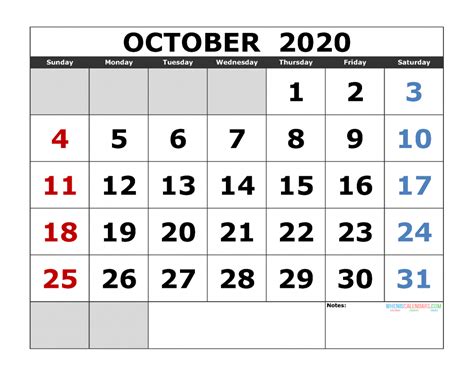 Blank October Calendar 2020 Printable Free Printable October 2020