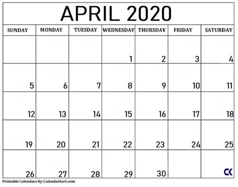 Blank April 2020 Calendar Calendar Printables Daily Calendar
