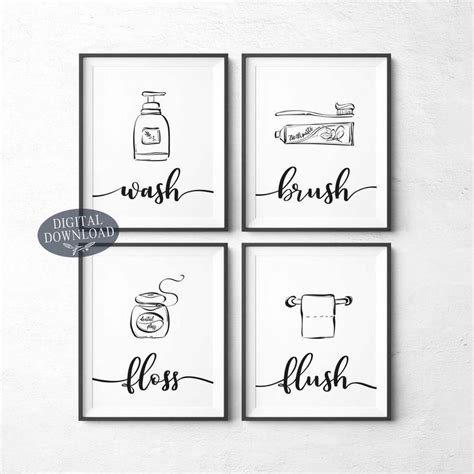 Four Black And White Bathroom Wall Art Prints With The Words Wash