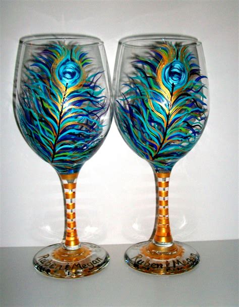 Peacock Feathers Hand Painted Wine Glass 1 20 Oz Handpainted