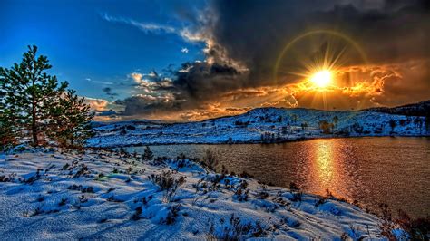 Nature Magnificent Sunset Over River Winter Sun Beauty