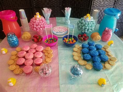 Who cares what gender the baby is? Gender Reveal dessert/candy table. | Gender reveal dessert, Candy desserts, Game snacks