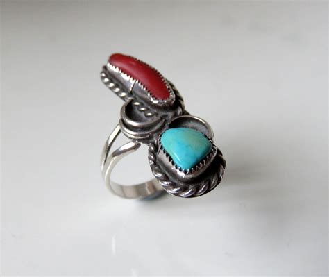 Vintage Sterling Silver Turquoise Coral Ring Navajo Size U