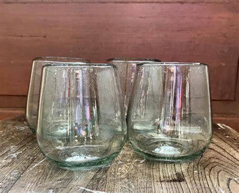Handblown Recycled Glass Stemless Clear Wine Glasses Set Of 4 Etsy Australia